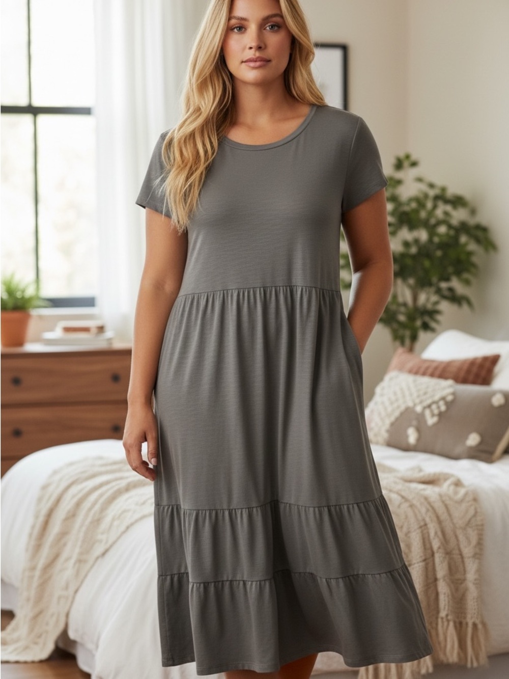 Casual Short Sleeve Tiered Maxi Dress — Gray 3X